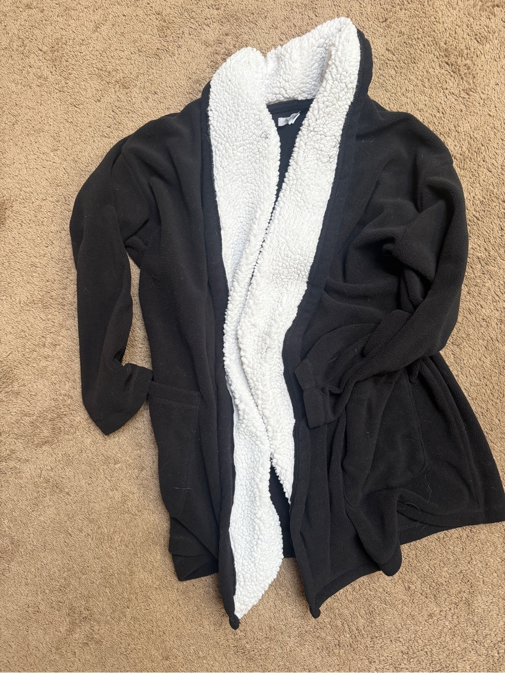Black Plush Sherpa-Lined Robe Cardigan